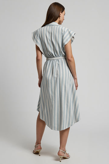 Stripe A Line Light Blue Work Dress with Sash